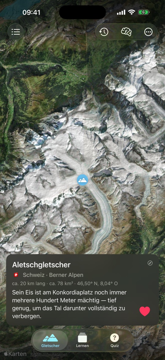 Der Feed zeigt eine Satellitenaufnahme des Aletschgletschers mit Infokarte.