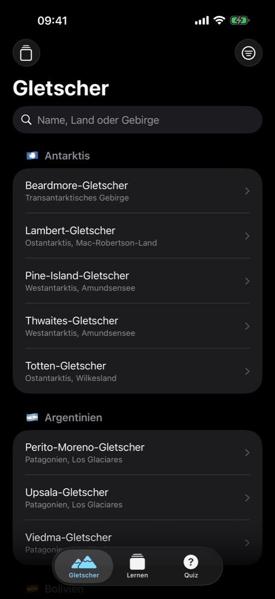 Die Gletscherliste, nach Ländern gegliedert.